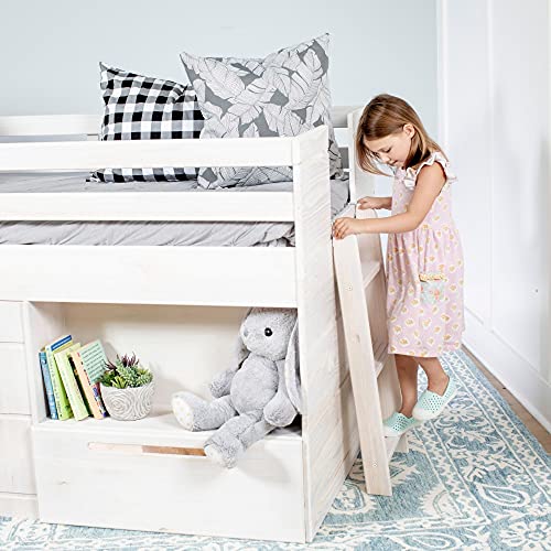 Max & Lily Modern Farmhouse Low Loft Bed, Twin Bed Frame For Kids With 1 Drawer, White Wash