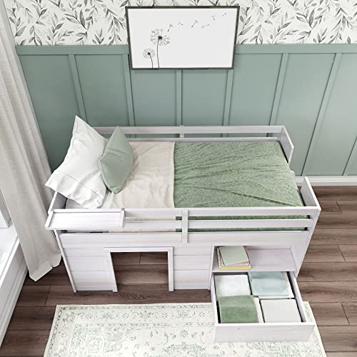 Max & Lily Modern Farmhouse Low Loft Bed, Twin Bed Frame For Kids With 1 Drawer, White Wash