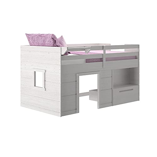 Max & Lily Modern Farmhouse Low Loft Bed, Twin Bed Frame For Kids With 1 Drawer, White Wash