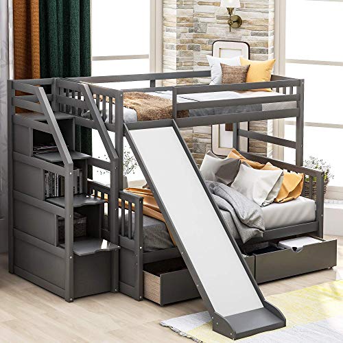 Harper & Bright Designs Twin Over Full Bunk Bed with Stairs and Slide , Multifunction Wood Bunk Bed with Storage, Gray