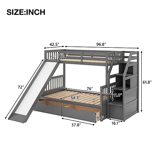 Harper & Bright Designs Twin Over Full Bunk Bed with Stairs and Slide , Multifunction Wood Bunk Bed with Storage, Gray