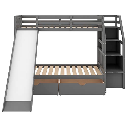 Harper & Bright Designs Twin Over Full Bunk Bed with Stairs and Slide , Multifunction Wood Bunk Bed with Storage, Gray