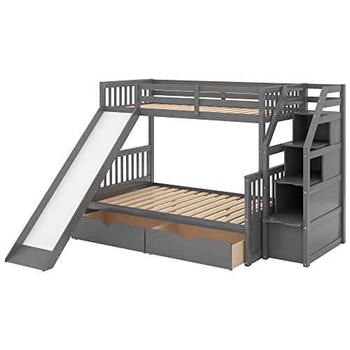 Harper & Bright Designs Twin Over Full Bunk Bed with Stairs and Slide , Multifunction Wood Bunk Bed with Storage, Gray