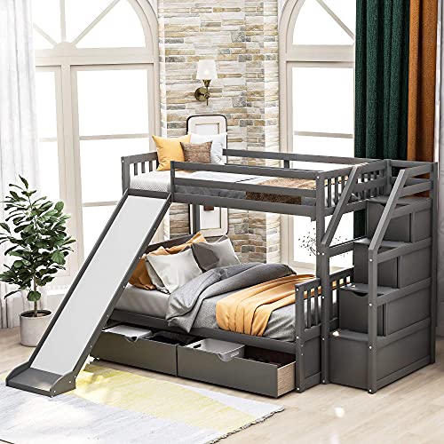 Harper & Bright Designs Twin Over Full Bunk Bed with Stairs and Slide , Multifunction Wood Bunk Bed with Storage, Gray