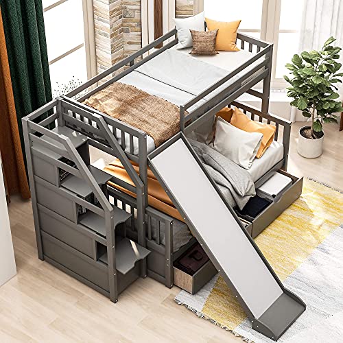 Harper & Bright Designs Twin Over Full Bunk Bed with Stairs and Slide , Multifunction Wood Bunk Bed with Storage, Gray