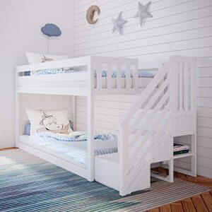 max & lily low bunk bed, twin-over-twin bed frame for kids with stairs, white