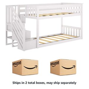 Max & Lily Low Bunk Bed, Twin-Over-Twin Bed Frame For Kids With Stairs, White