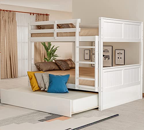 SOFTSEA Full Over Full Bunk Beds with Trundle for Kids Teens, Convertible to 2 Platform Bed Frame, Wood Bed Frame for Adults (White Full Over Full)