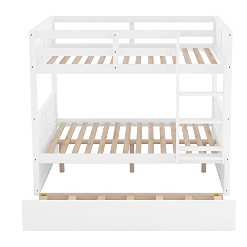 SOFTSEA Full Over Full Bunk Beds with Trundle for Kids Teens, Convertible to 2 Platform Bed Frame, Wood Bed Frame for Adults (White Full Over Full)