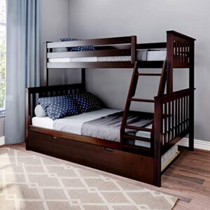 max & lily bunk bed, twin-over-full wood bed frame for kids with trundle, espresso
