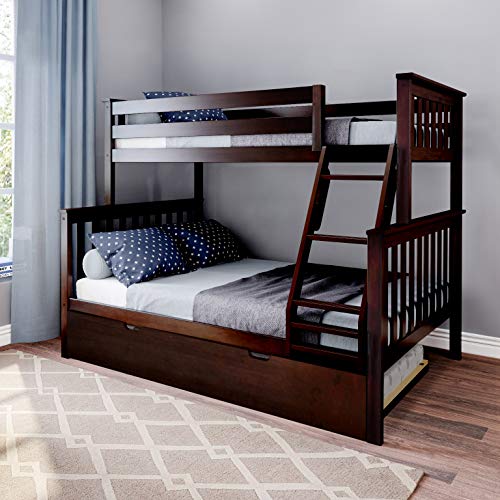 Max & Lily Bunk Bed, Twin-Over-Full Wood Bed Frame For Kids With Trundle, Espresso