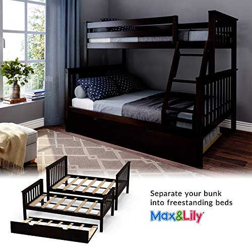 Max & Lily Bunk Bed, Twin-Over-Full Wood Bed Frame For Kids With Trundle, Espresso