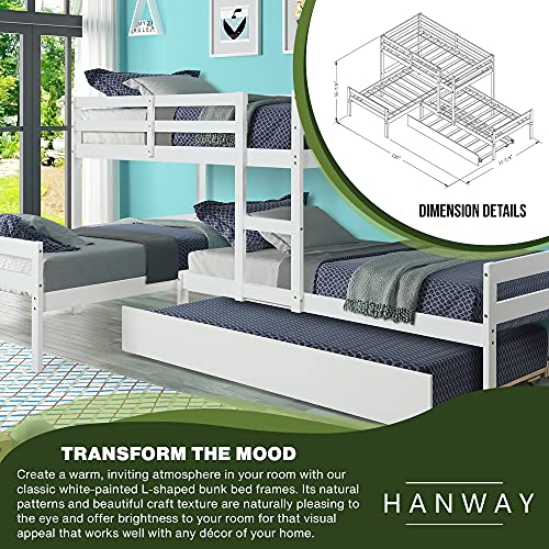 Hanway L-Shaped Bunk Bed with Trundle – Solid Pine Wood Material –– Easy to Assemble Plan Providing Unique Bedroom Setting for Small Living Spaces – Trendy Design Combined with a White Paint Coating