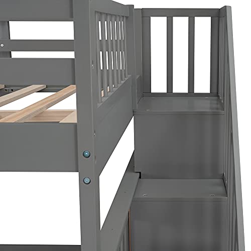 Harper & Bright Designs Full Over Full Bunk Bed with Stairs, Solid Wood Bunk Bed with Storage Drawers for Kids Teens Adults (Gray)