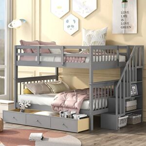 harper & bright designs full over full bunk bed with stairs, solid wood bunk bed with storage drawers for kids teens adults (gray)