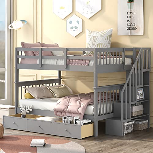 Harper & Bright Designs Full Over Full Bunk Bed with Stairs, Solid Wood Bunk Bed with Storage Drawers for Kids Teens Adults (Gray)