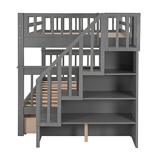 Harper & Bright Designs Full Over Full Bunk Bed with Stairs, Solid Wood Bunk Bed with Storage Drawers for Kids Teens Adults (Gray)