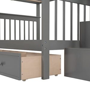 Harper & Bright Designs Full Over Full Bunk Bed with Stairs, Solid Wood Bunk Bed with Storage Drawers for Kids Teens Adults (Gray)