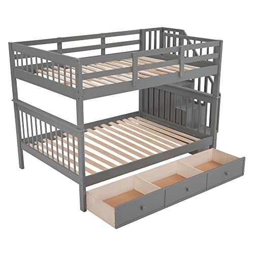 Harper & Bright Designs Full Over Full Bunk Bed with Stairs, Solid Wood Bunk Bed with Storage Drawers for Kids Teens Adults (Gray)