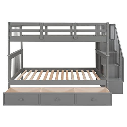 Harper & Bright Designs Full Over Full Bunk Bed with Stairs, Solid Wood Bunk Bed with Storage Drawers for Kids Teens Adults (Gray)