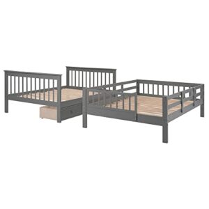 Harper & Bright Designs Full Over Full Bunk Bed with Stairs, Solid Wood Bunk Bed with Storage Drawers for Kids Teens Adults (Gray)