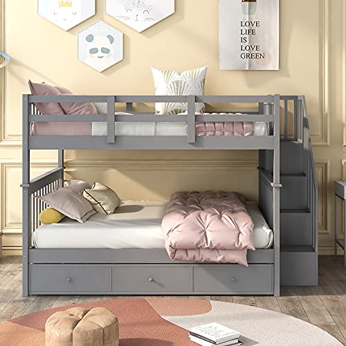 Harper & Bright Designs Full Over Full Bunk Bed with Stairs, Solid Wood Bunk Bed with Storage Drawers for Kids Teens Adults (Gray)