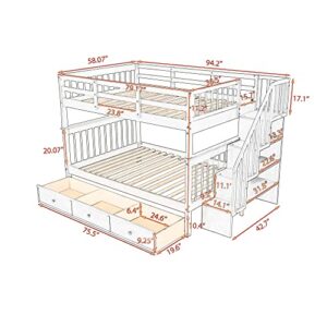 Harper & Bright Designs Full Over Full Bunk Bed with Stairs, Solid Wood Bunk Bed with Storage Drawers for Kids Teens Adults (Gray)