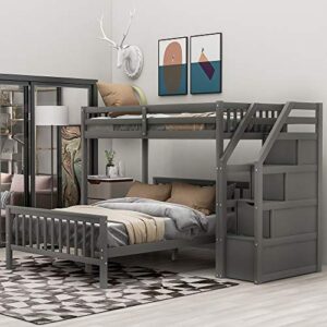 harper & bright designs twin over full loft beds, bunk beds twin over full with stairway and storage, full-length guardrail, no box spring needed (grey twin over full bun beds)