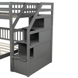 Harper & Bright Designs Twin Over Full Loft Beds, Bunk Beds Twin Over Full with Stairway and Storage, Full-Length Guardrail, No Box Spring Needed (Grey Twin Over Full Bun Beds)