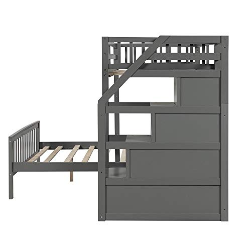 Harper & Bright Designs Twin Over Full Loft Beds, Bunk Beds Twin Over Full with Stairway and Storage, Full-Length Guardrail, No Box Spring Needed (Grey Twin Over Full Bun Beds)