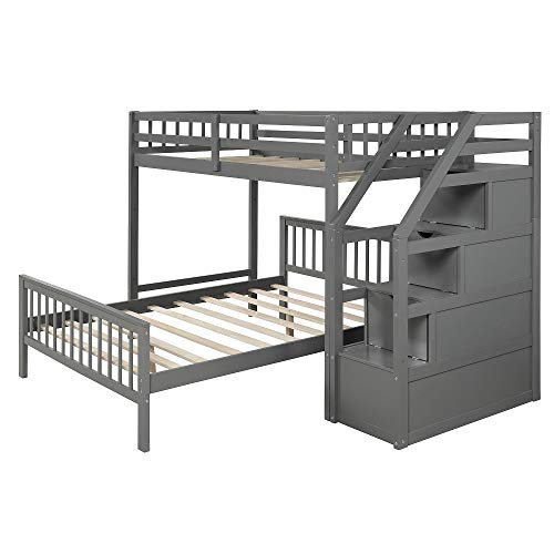 Harper & Bright Designs Twin Over Full Loft Beds, Bunk Beds Twin Over Full with Stairway and Storage, Full-Length Guardrail, No Box Spring Needed (Grey Twin Over Full Bun Beds)