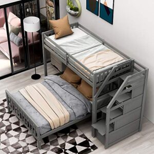 Harper & Bright Designs Twin Over Full Loft Beds, Bunk Beds Twin Over Full with Stairway and Storage, Full-Length Guardrail, No Box Spring Needed (Grey Twin Over Full Bun Beds)