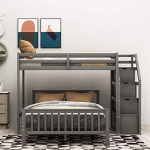 Harper & Bright Designs Twin Over Full Loft Beds, Bunk Beds Twin Over Full with Stairway and Storage, Full-Length Guardrail, No Box Spring Needed (Grey Twin Over Full Bun Beds)