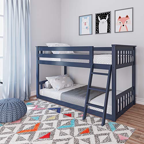 Max & Lily Low Bunk Bed, Twin-Over-Twin Wood Bed Frame For Kids, Blue