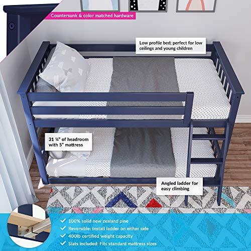 Max & Lily Low Bunk Bed, Twin-Over-Twin Wood Bed Frame For Kids, Blue