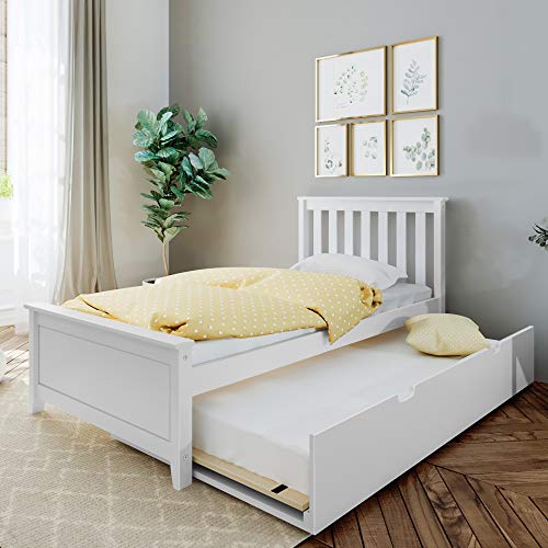 Max & Lily Twin Bed, Wood Bed Frame with Headboard For Kids with Trundle, Slatted, White