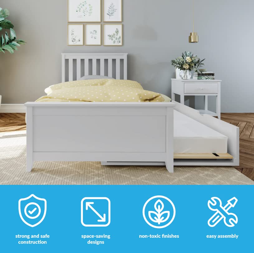 Max & Lily Twin Bed, Wood Bed Frame with Headboard For Kids with Trundle, Slatted, White