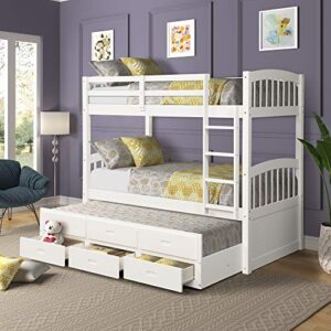 harper&bright designs twin over twin bunk bed with safety rail, ladder, white twin trundle bed with 3 drawers for kids, teens bedroom, guest room furniture