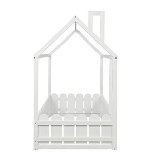 Twin Size Wood Bed House Bed Frame with Fence, Cabin Bed, Floor Bed, Nursery Furniture, Kids Tent Bed Play Tent (White)