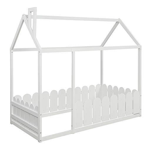 Twin Size Wood Bed House Bed Frame with Fence, Cabin Bed, Floor Bed, Nursery Furniture, Kids Tent Bed Play Tent (White)