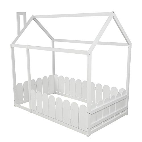 Twin Size Wood Bed House Bed Frame with Fence, Cabin Bed, Floor Bed, Nursery Furniture, Kids Tent Bed Play Tent (White)