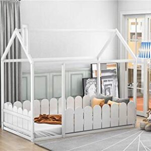 Twin Size Wood Bed House Bed Frame with Fence, Cabin Bed, Floor Bed, Nursery Furniture, Kids Tent Bed Play Tent (White)