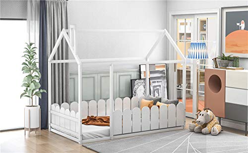 Twin Size Wood Bed House Bed Frame with Fence, Cabin Bed, Floor Bed, Nursery Furniture, Kids Tent Bed Play Tent (White)