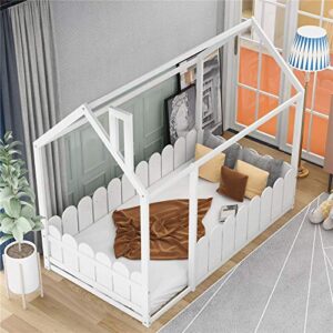 Twin Size Wood Bed House Bed Frame with Fence, Cabin Bed, Floor Bed, Nursery Furniture, Kids Tent Bed Play Tent (White)