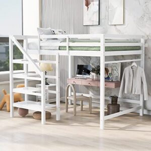 harper & bright designs full size loft bed with stairs and hanging rod, wooden full loft bed frame with storage shelf, high loft beds for kids boys girls teens dorm bedroom (full, white)