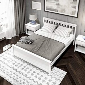 Plank+Beam Solid Wood Queen Bed Frame, Platform Bed with Headboard, White