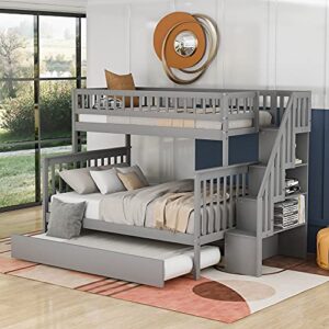 baysitone bunk bed, bunk beds twin over full size, bunk bed with trundle and stairs, solid wood bunk bed frame with 4 storage for kids, girls, boys, toddler, no box spring needed (gray)