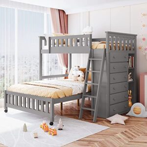 twin over full bunk beds with storage, wooden l-shape bunk bed frame with 6 drawers and flexible shelves, bottom platform bed with wheels can movable, no box spring needed (grey)