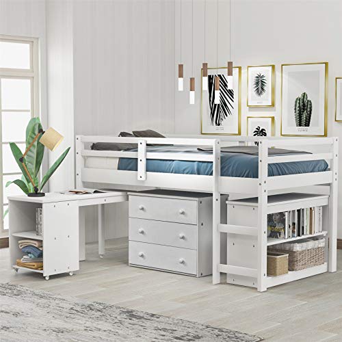 Harper & Bright Designs Twin Loft Bed with Desk, Low Study Loft Bed Frame with Storage Cabinet and Rolling Portable Desk for Kids and Teenagers, Twin Size, White