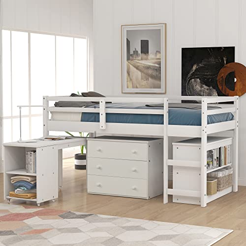 Harper & Bright Designs Twin Loft Bed with Desk, Low Study Loft Bed Frame with Storage Cabinet and Rolling Portable Desk for Kids and Teenagers, Twin Size, White